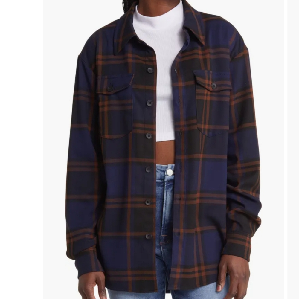 Good American Easy Plaid Flannel Shirt | Blue Rinse | Size 3 | NWT | Laid-Back